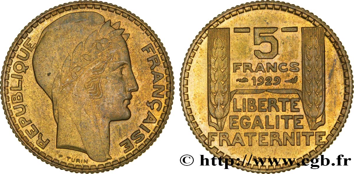 Concours de 5 francs, essai de Turin en bronze-aluminium 1929 Paris VG.5243 b var. MS63 