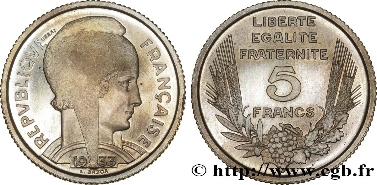 Concours de 5 francs, essai de Bazor en cupro-nickel non magnétique, poids standard 1933 Paris F.335/1 var. fST64 