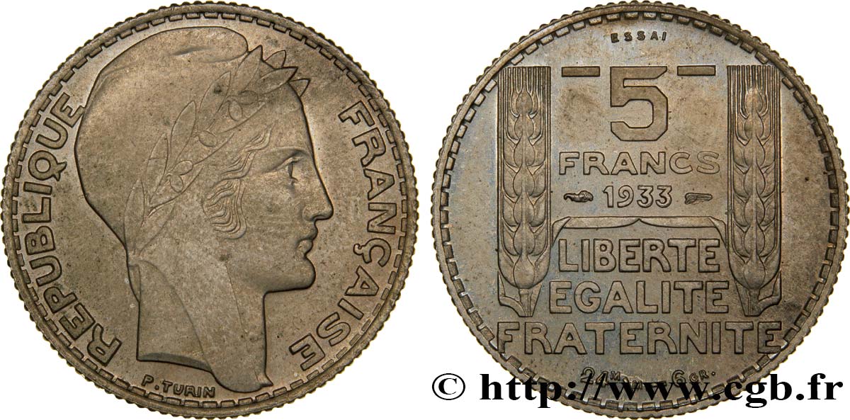 Concours de 5 francs, essai de Turin en cupro-nickel 1933 Paris GEM.140 12 VZ60 