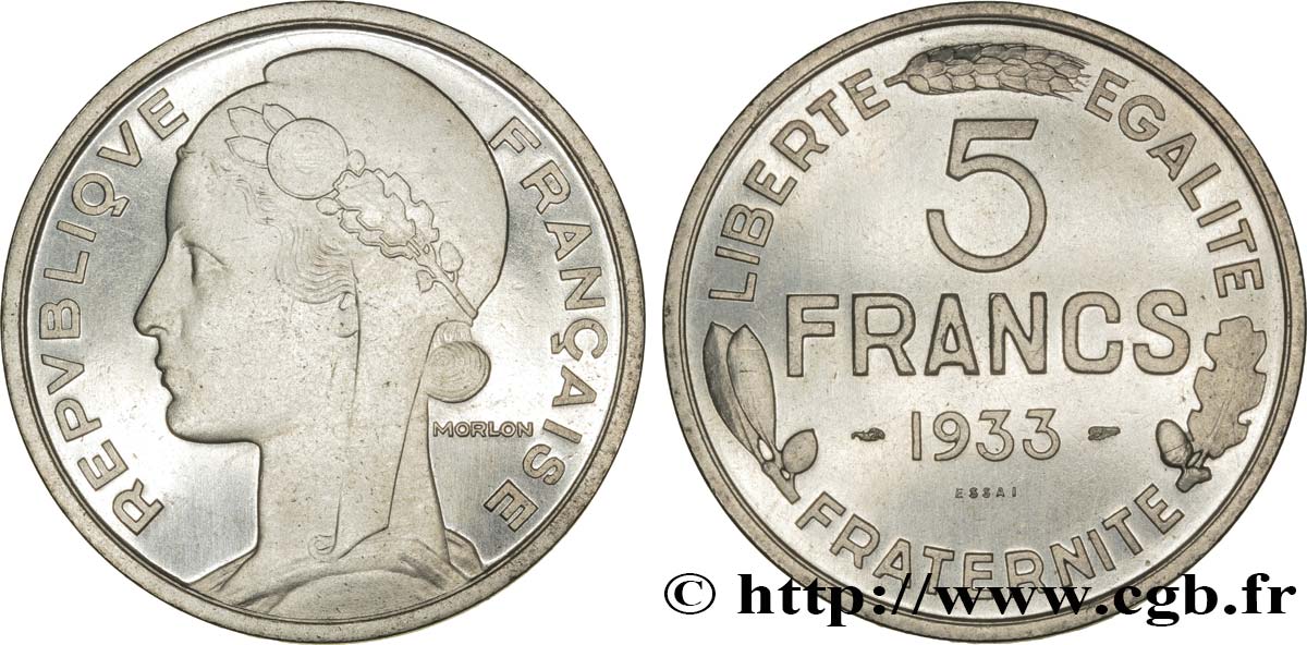 Concours de 5 francs, essai de Morlon en nickel 1933 Paris GEM.138 1 EBC62 