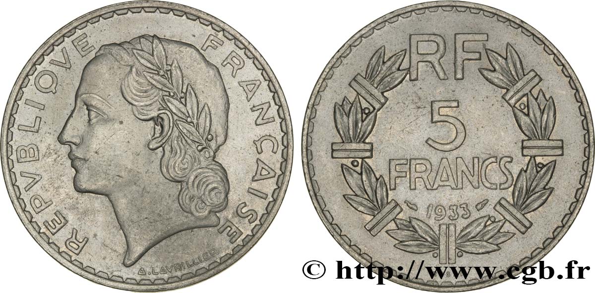 Essai de 5 francs Lavrillier, nickel 1933  F.336/1 AU55 