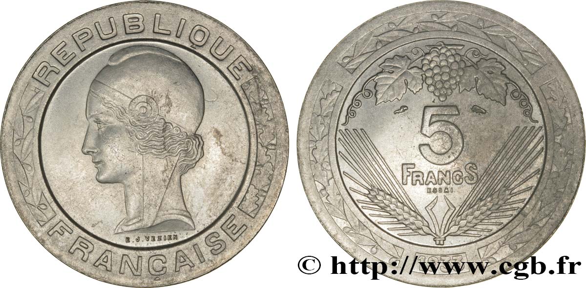 Concours de 5 francs, essai de Vézien, en nickel 1933 Paris GEM.139 1 EBC60 