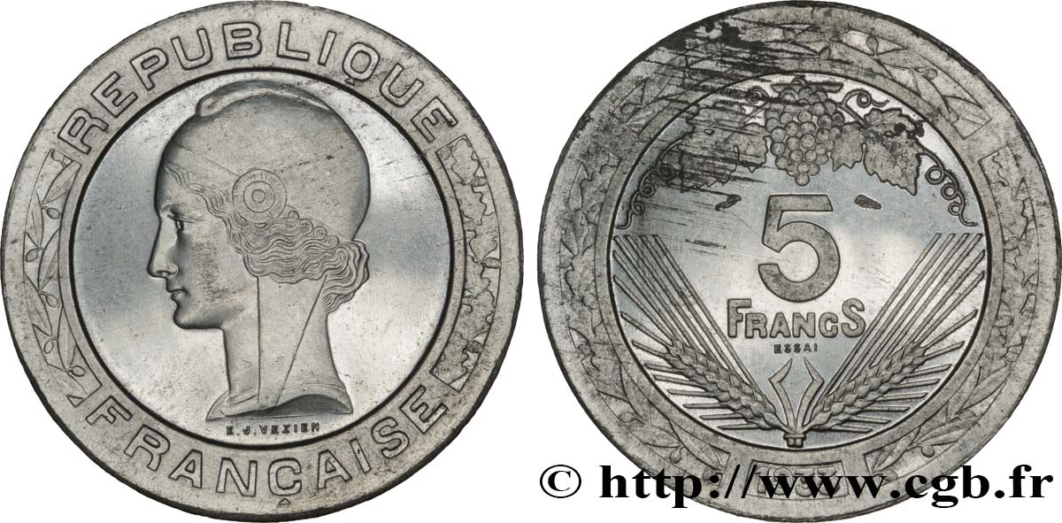 Concours de 5 francs, essai de Vézien en aluminium, lourd, 4,5 g 1933 Paris GEM.139 4 SPL63 
