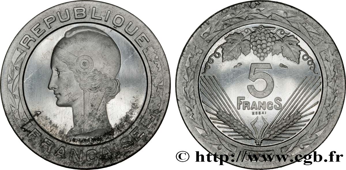 Concours de 5 francs, essai de Vézien en aluminium, léger, 3,5 g 1933 Paris GEM.139 4 SC63 
