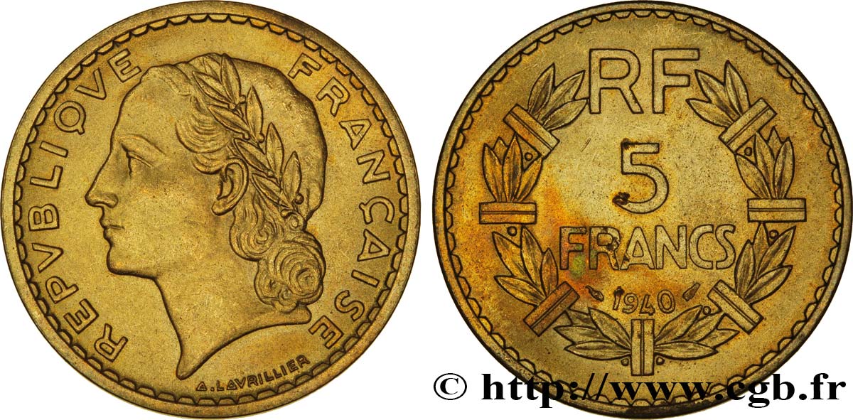 5 francs Lavrillier, bronze-aluminium 1940  F.337/4 MS63 