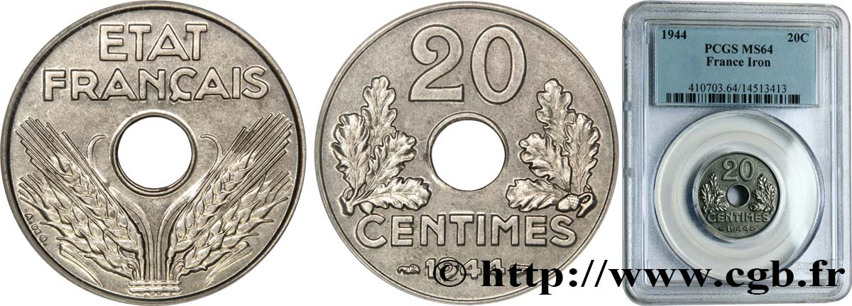 20 centimes fer 1944  F.154/3 fST64 PCGS