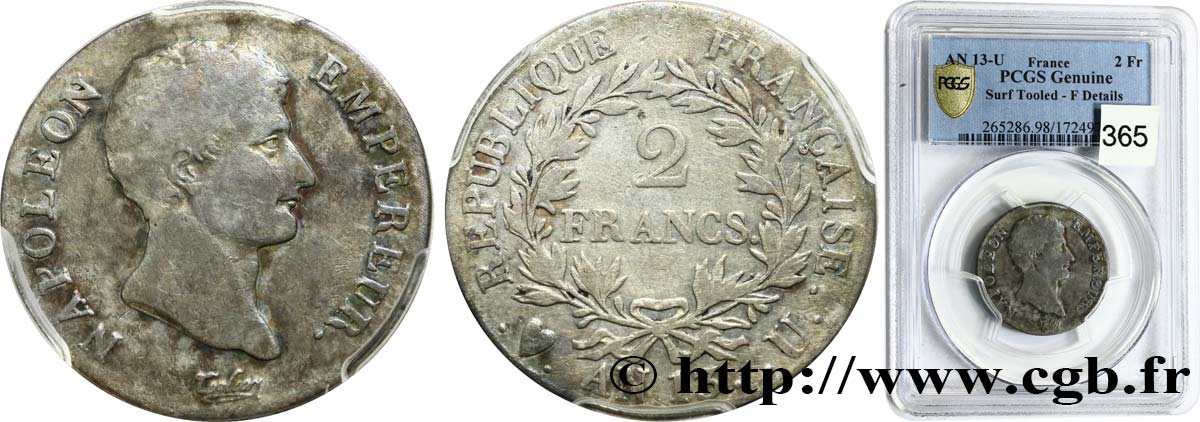 2 francs Napoléon Empereur, Calendrier révolutionnaire 1805 Turin F.251/25 VF PCGS