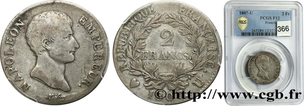 2 francs Napoléon Empereur, Calendrier grégorien 1807 Turin F.252/15 F12 PCGS