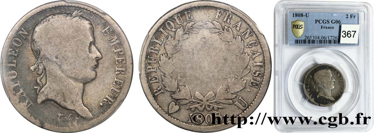 2 francs Napoléon Ier tête laurée, République française 1808 Turin F.254/13 B6 PCGS