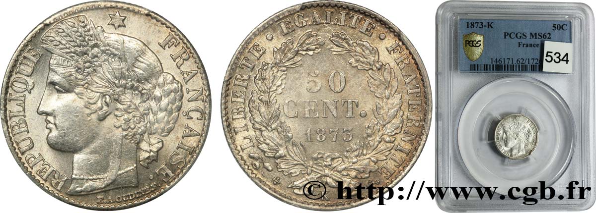 50 centimes Cérès, IIIe République 1873 Bordeaux F.189/6 SUP62 PCGS