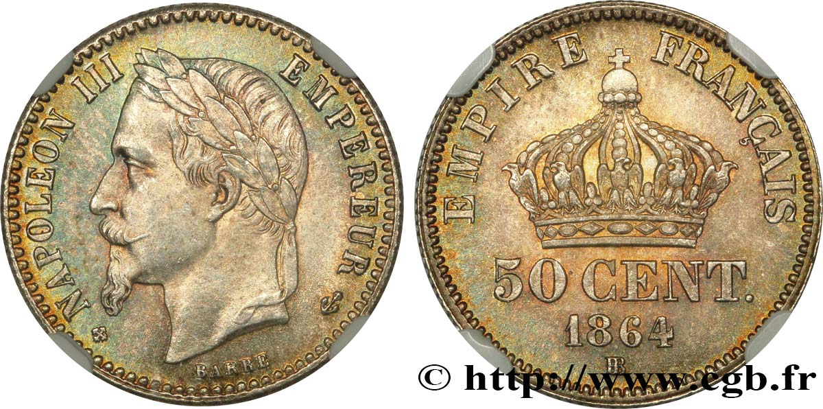 50 centimes Napoléon III, tête laurée 1864 Strasbourg F.188/3 SPL64 