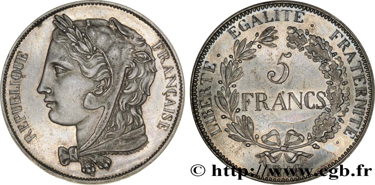 Concours de 5 francs, essai en argent attribué à Gayrard, premier concours 1848 Paris VG.3075  SPL64 