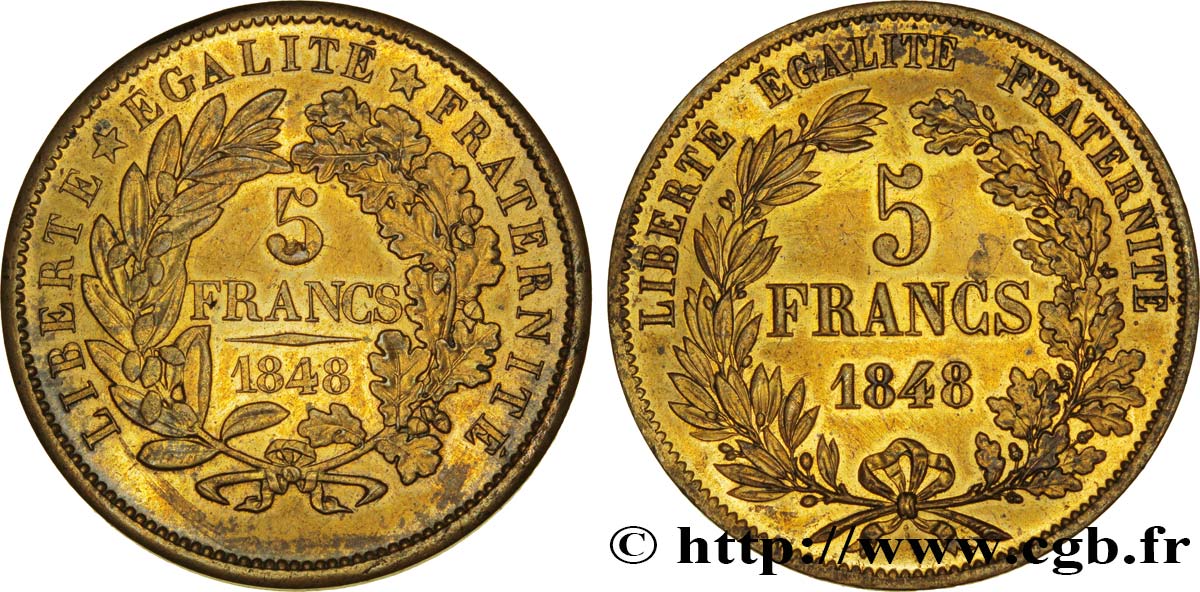 Concours de 5 francs, essai en cuivre par Alard, double revers 1848 Paris VG.3059 var. MS60 