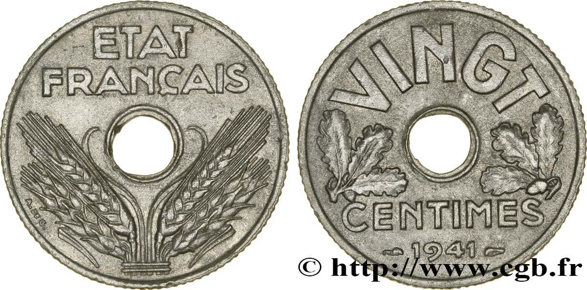VINGT centimes État français, cannelures larges 1941  F.152/3 var. TTB50 