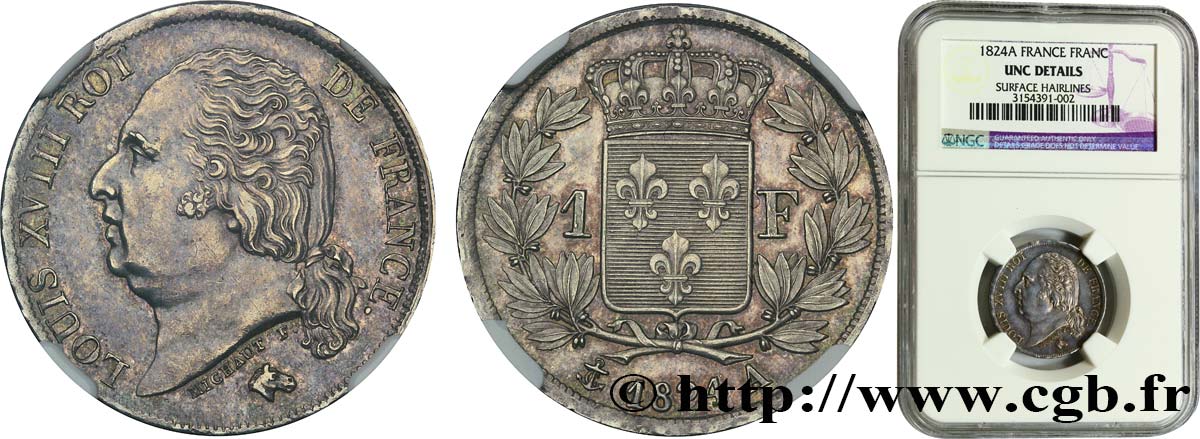 1 franc Louis XVIII 1824 Paris F.206/56 AU+ NGC