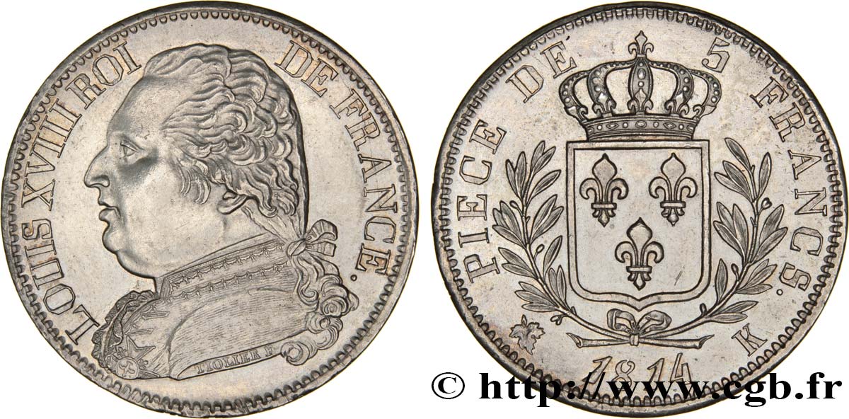 5 francs Louis XVIII, buste habillé 1814 Bordeaux F.308/7 SPL62 