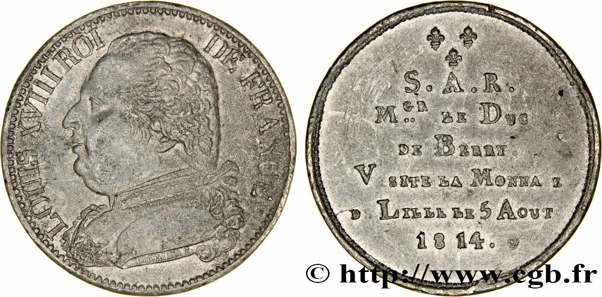 Monnaie de visite, module de 5 francs, pour le duc de Berry à la Monnaie de Lille 1814  VG.2371  SPL58 