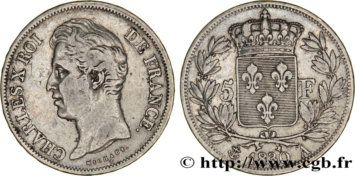 5 francs Charles X 2e type, tranche en relief 1830 Paris F.312/1 MBC40 