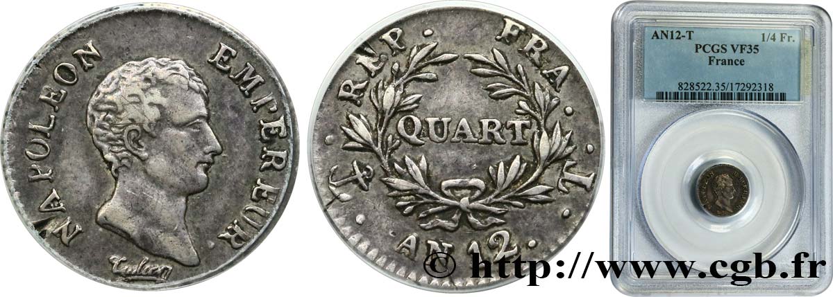 Quart (de franc) Napoléon Empereur, Calendrier révolutionnaire 1804 Nantes F.158/7 VF35 PCGS