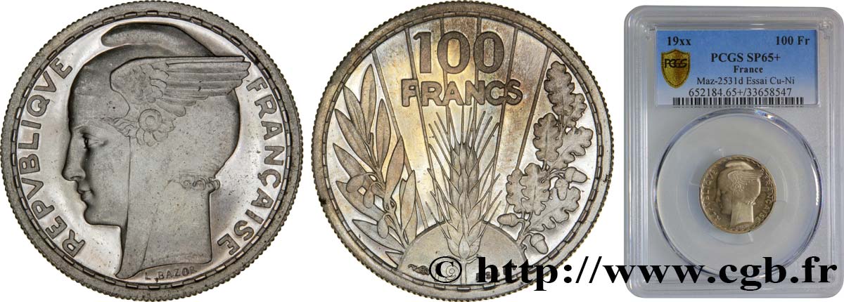 Préparation de la 5 francs Pétain, essai de Bazor en cupro-nickel, poids lourd, 4,5 g n.d. Paris GEM.290 1 MS65 PCGS