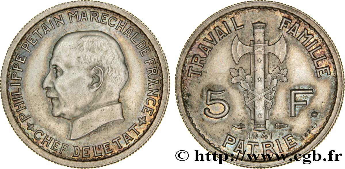 Essai de 5 francs Pétain en cupro-nickel, 2e projet de Bazor 1941 Paris VG.5574  var. SUP60 