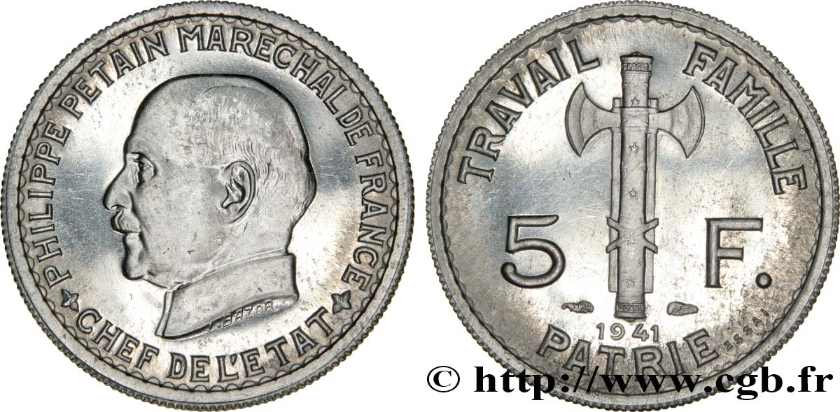 Essai de 5 francs Pétain en aluminium, 3e projet de Bazor (type adopté) 1941 Paris GEM.142 62 MS63 