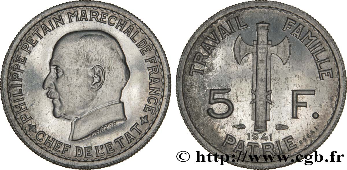 Essai de 5 francs Pétain en aluminium, 3e projet de Bazor (type adopté) 1941 Paris GEM.142 62 MS60 