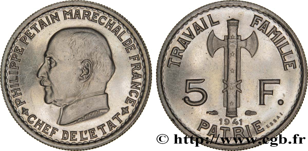 Essai de 5 francs Pétain en fer plaqué nickel, 3e projet de Bazor (type adopté) 1941 Paris GEM.142 60 fST63 