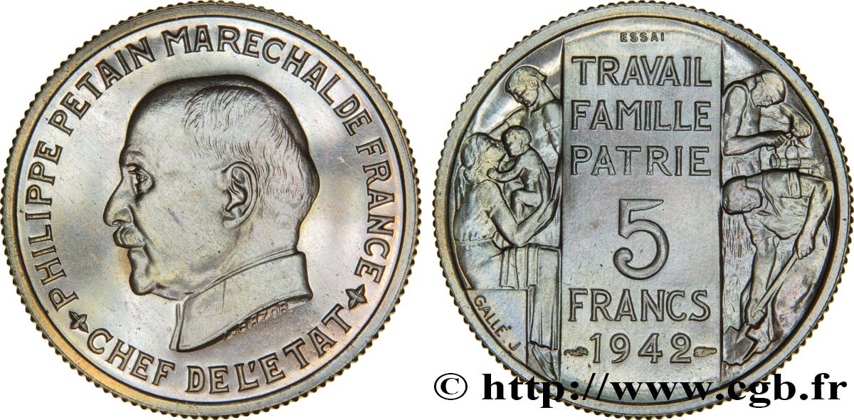 Essai grand module de 5 francs Pétain en bronze-nickel par Bazor et Galle 1942 Paris GEM.143 2 var. MS65 