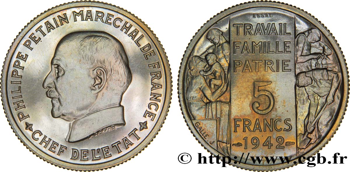 Essai grand module de 5 francs Pétain en cupro-nickel par Bazor et Galle 1942 Paris GEM.143 2 var. MS64 