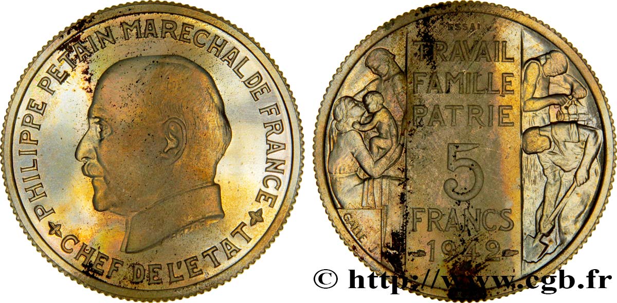 Essai grand module de 5 francs Pétain en bronze-nickel par Bazor et Galle 1942 Paris VG.5609  AU 