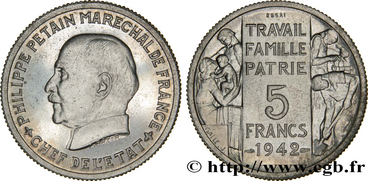 Essai grand module de 5 francs Pétain en aluminium par Bazor et Galle 1942 Paris GEM.143 3 MS63 