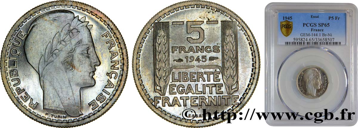 Essai de 5 francs Turin en cupro-nickel 1945 Paris GEM.144 1 ST65 PCGS