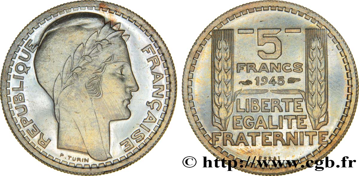 Essai de 5 francs Turin en bronze-nickel 1945 Paris GEM.144 1 SPL63 