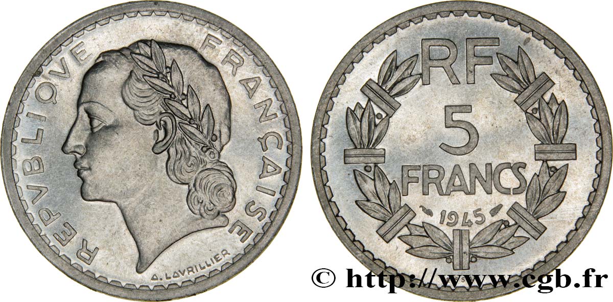 Essai de 5 francs Lavrillier, aluminium 1945 Paris F.339/1 MS63 