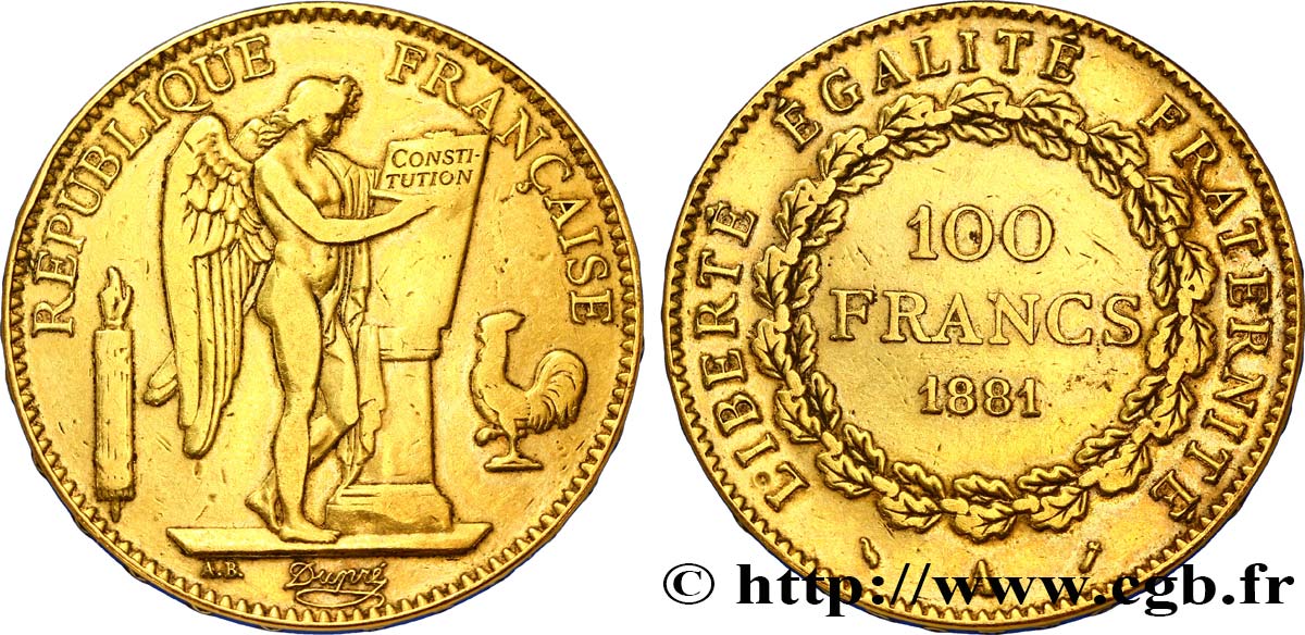 100 francs or Génie, tranche inscrite en relief Dieu protège la France 1881 Paris F.552/4 VF35 