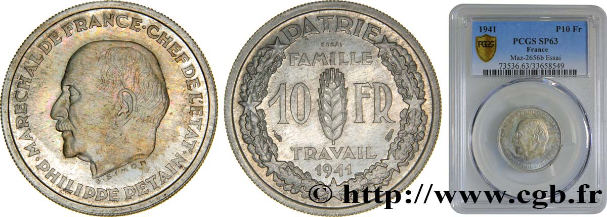 Essai de 10 francs Pétain en aluminium par Simon, poids très léger (2 g) 1941 Paris GEM.177 1 SC63 PCGS