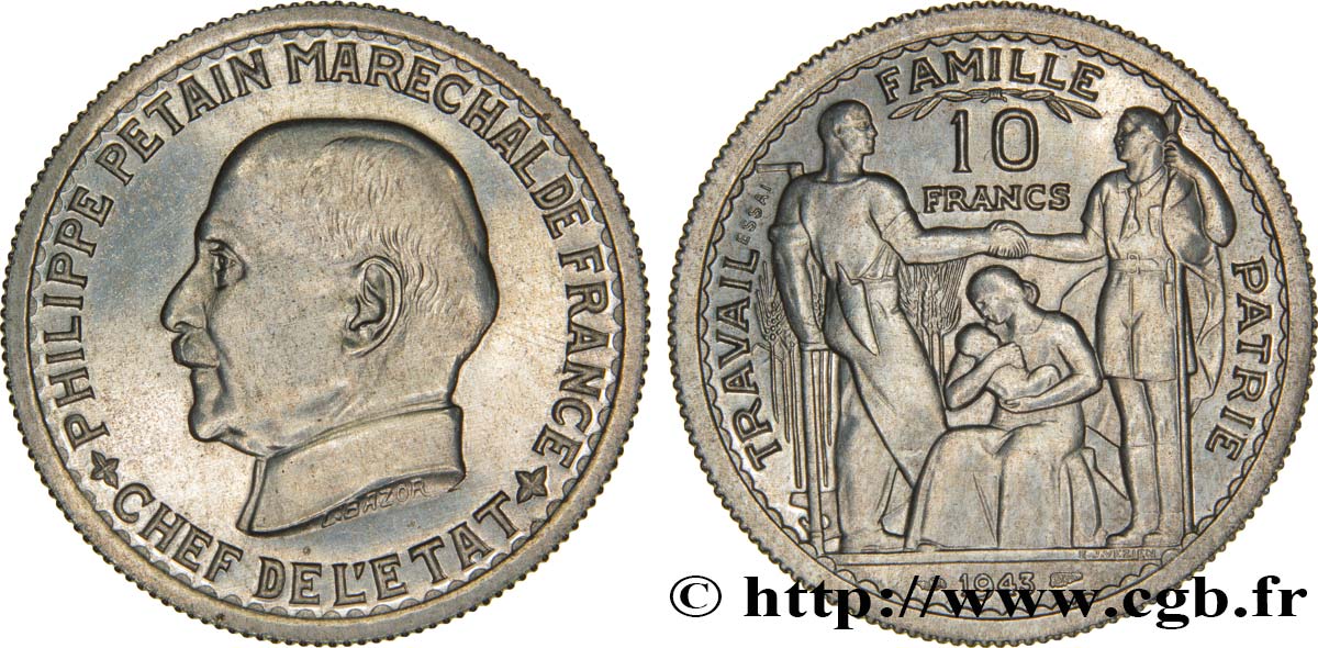 Essai de 10 francs Pétain en aluminium par Bazor/Vézien 1943 Paris GEM.179 1 MS63 