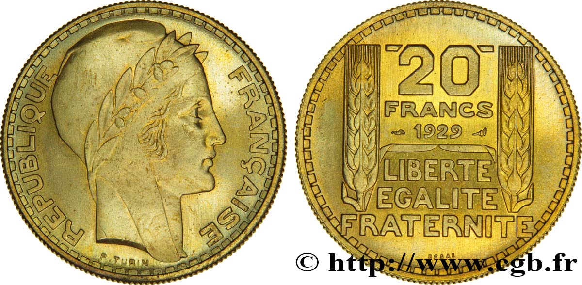 Essai de 20 francs Turin en bronze-aluminium 1929 Paris GEM.199 5 ST65 