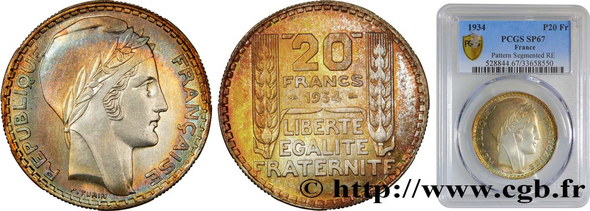 20 francs Turin, essai de tranche semi-striée 1934 Paris F.400/6 var. MS67 PCGS