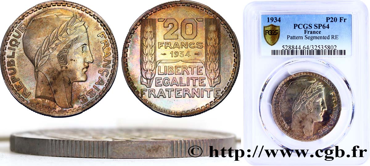 20 francs Turin, essai de tranche semi-striée 1934 Paris F.400/6 var. SPL64 PCGS