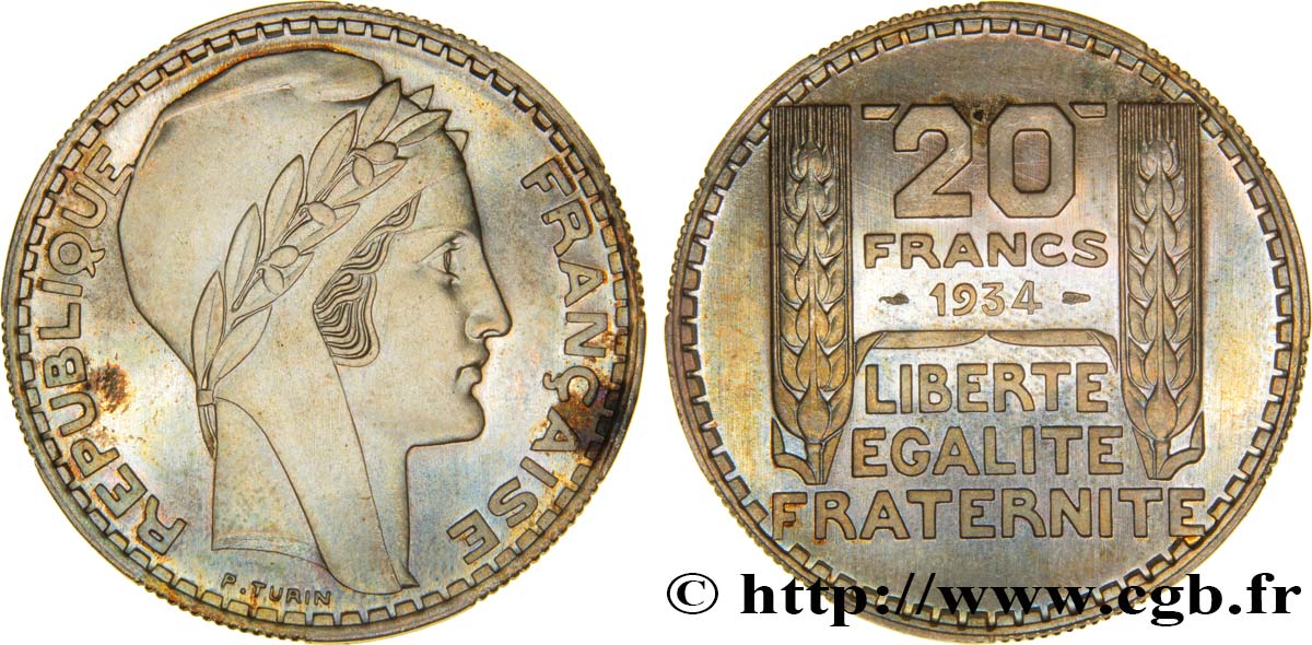 20 francs Turin, essai de tranche semi-striée 1934 Paris F.400/6 var. MS65 