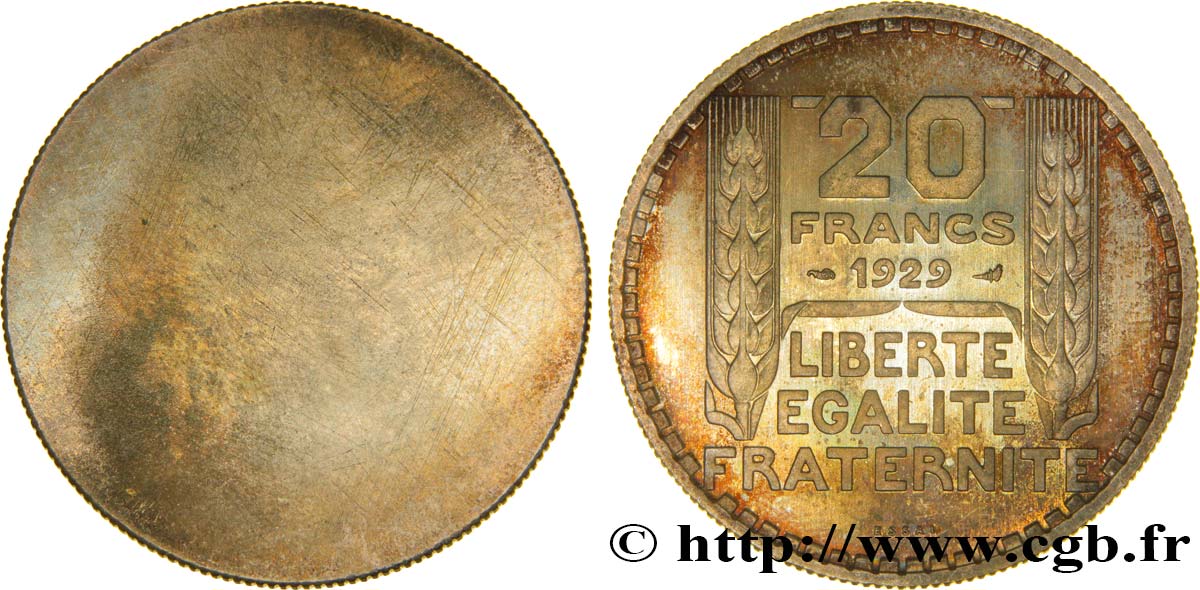 Essai uniface de revers de 20 francs Turin 1929 Paris GEM.199 2 MS66 
