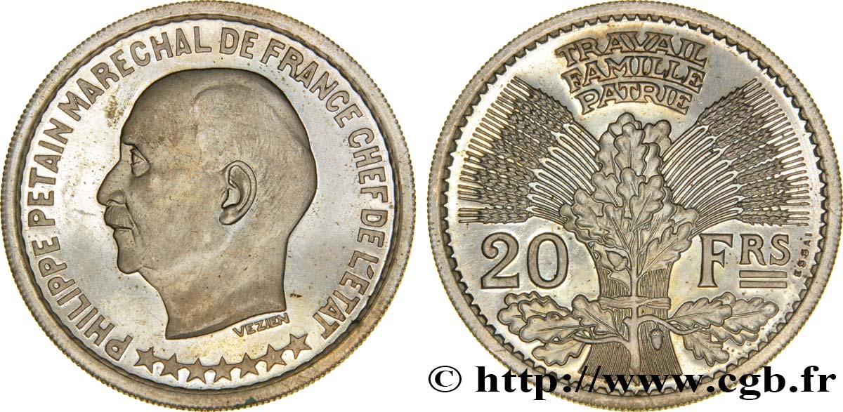 Essai hybride de 20 francs Pétain en cupro-nickel par Vézien / Cochet n.d. Paris GEM.205 5 MS64 