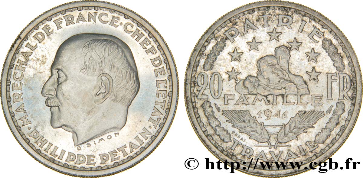 Essai de 20 francs Pétain en aluminium par Simon 1941 Paris VG.5567 var. TTB+ 