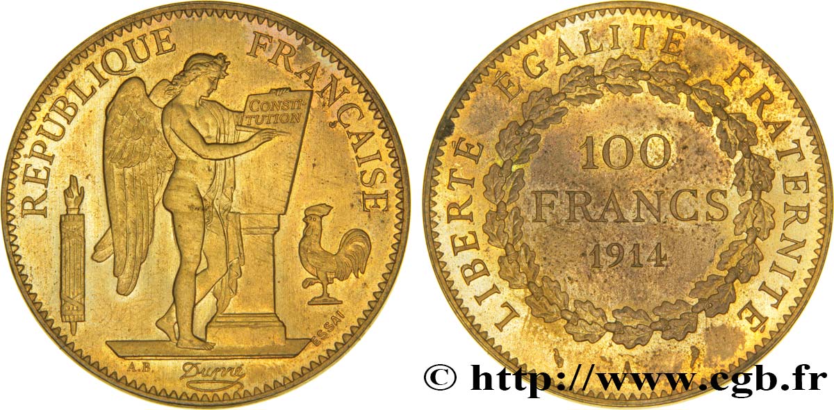 Essai en bronze-aluminium de 100 francs or Génie, tranche lisse 1914 Paris VG.4800  VZ60 