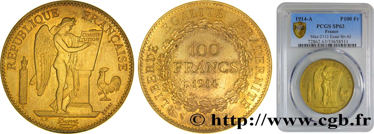 Essai en bronze-aluminium de 100 francs or Génie, tranche lisse 1914 Paris GEM.278 3 fST63 PCGS