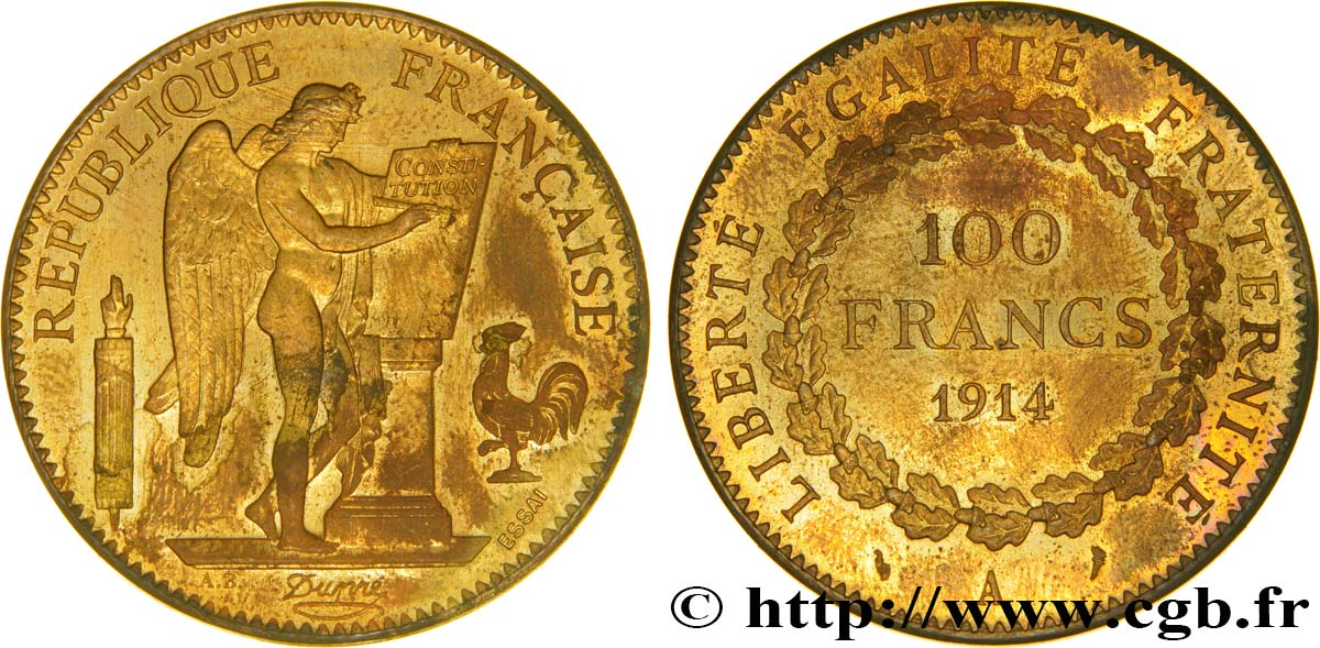 Essai en bronze-aluminium de 100 francs or Génie, tranche lisse 1914 Paris GEM.278 3 AU58 