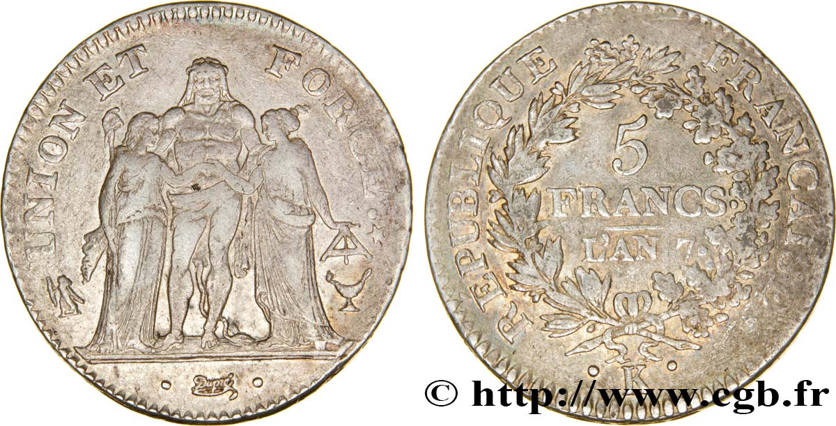 5 francs Union et Force, Union desserré, avec glands intérieurs et gland extérieur 1799 Bordeaux F.291/23 MB35 