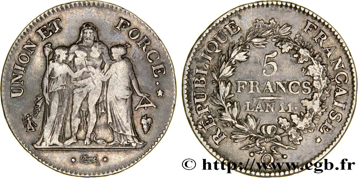 5 francs Union et Force, Union serré, seulement glands intérieurs 1803 Perpignan F.288/198 S30 
